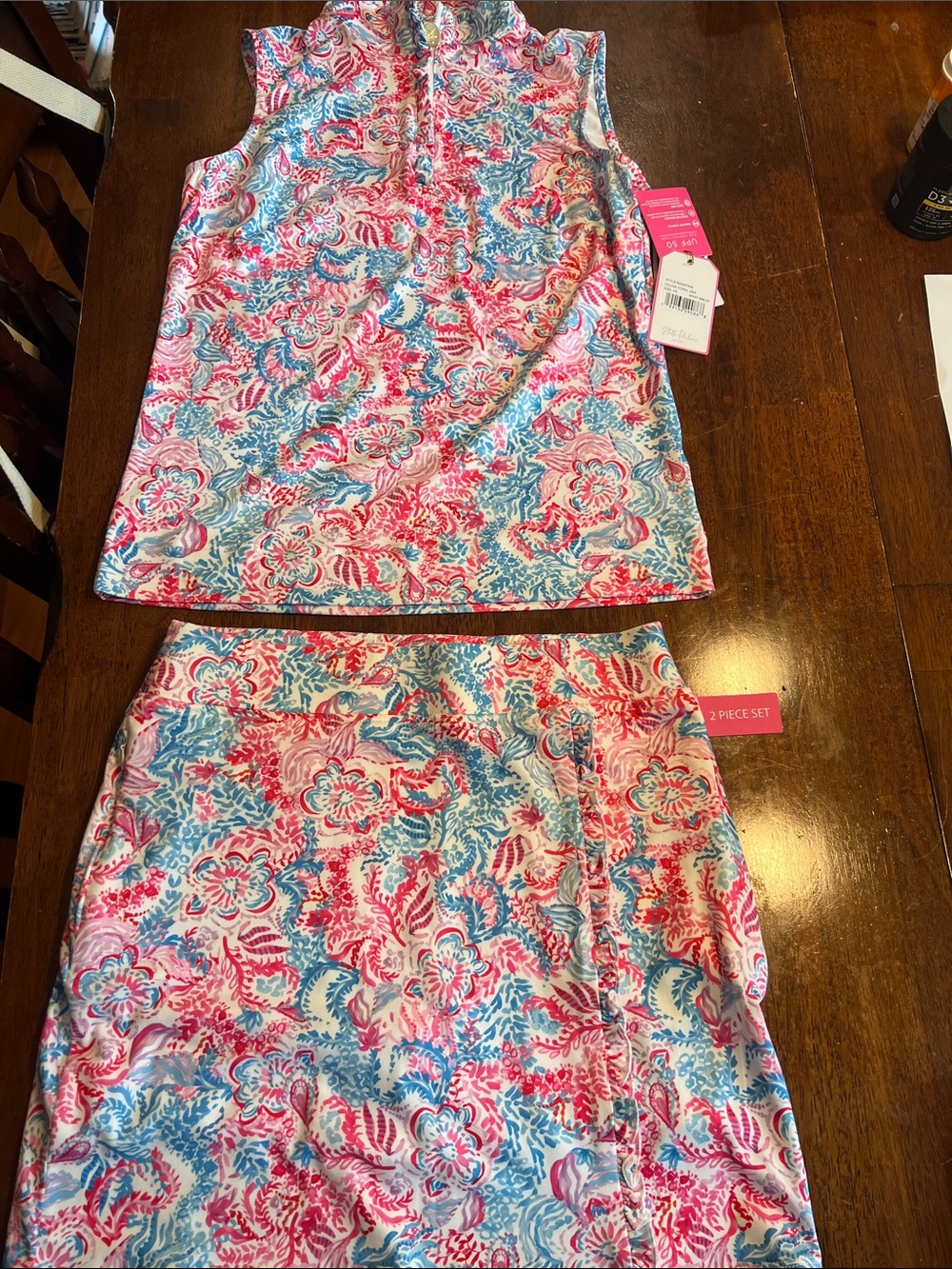 Golf/Tennis Sleeveless Floral Two-Piece Skirt Set in Pink & Blue